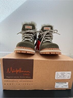 Montelliana 1965 Women’s Sequoia Green Suede Fur-Trim Lace-Up Boots